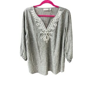 Susan Graver‎ Pure Women's Plus 1X Linen Blend Tunic Top Embroidered V-Neck Gray